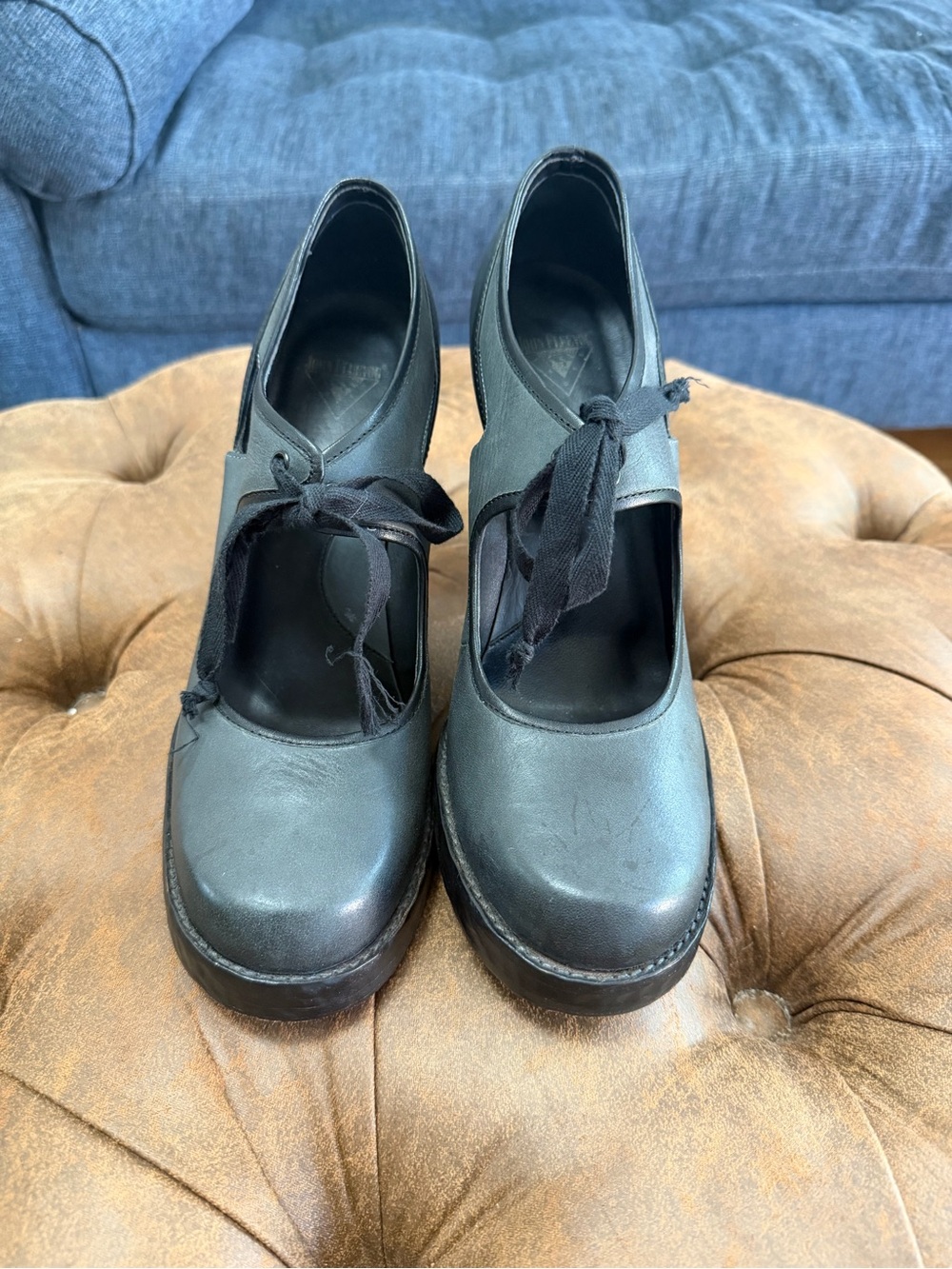 John Fluevog Black Leather Mary Jane Platform Heels with Ribbon Tie